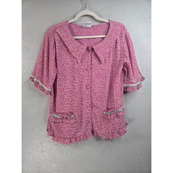Country Pickins Tops - VTG Cottagecore Ditsy Floral Button Up Blouse Top L Pink Peterpan Collar Shirt